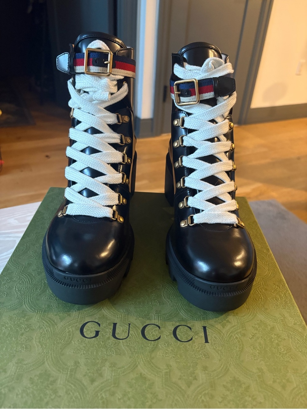 Gucci Black Leather Lace-Up Platform Boots with Red & Blue Web Strap